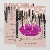 Invitation Fête 16ème Rouge Baiser Lèvres Rose Paillettes Gou (Devant / Derrière)