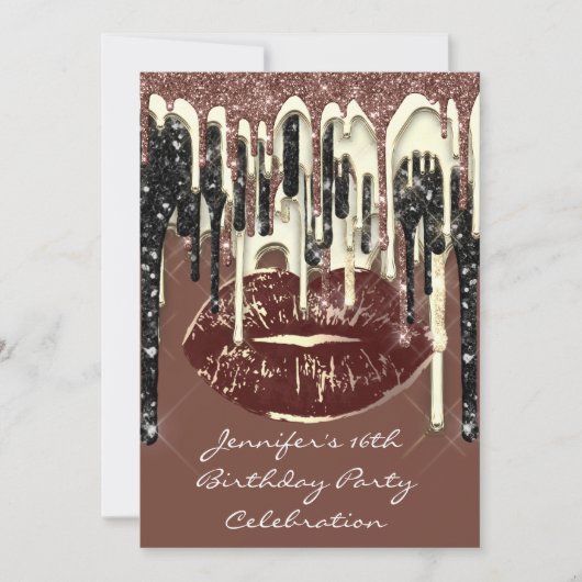 Invitation Fête 16th Lips Embrasse Brown Parties scintillant (Devant)