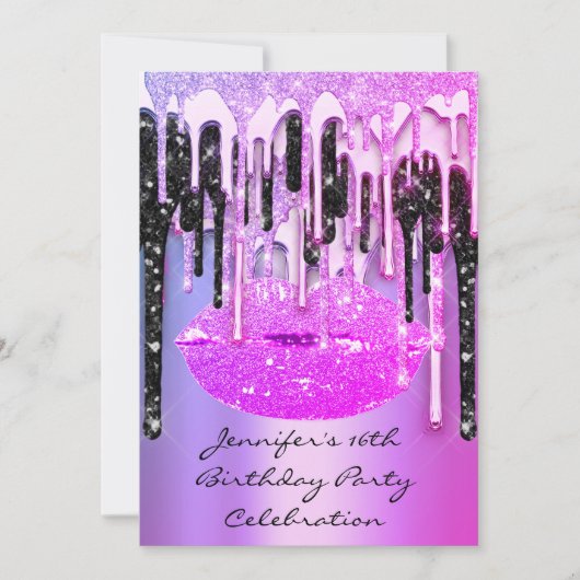 Invitation Fête 16th Lips Kiss Black Pinky Parties scintillan (Devant)