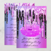 Invitation Fête 16th Lips Kiss Black Pinky Parties scintillan (Devant / Derrière)