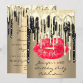 Invitation Fête 16th Lips Kiss Black Red Parties scintillant  (Devant / Derrière)