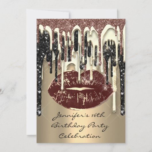 Invitation Fête 16th Lips Kiss Brown Parties scintillant de c (Devant)