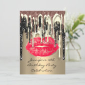 Invitation Fête 16th Lips Kiss Brown Red Parties scintillant (Debout devant)