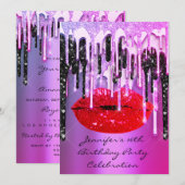 Invitation Fête 16th Lips Kiss noir rose Parties scintillant  (Devant / Derrière)