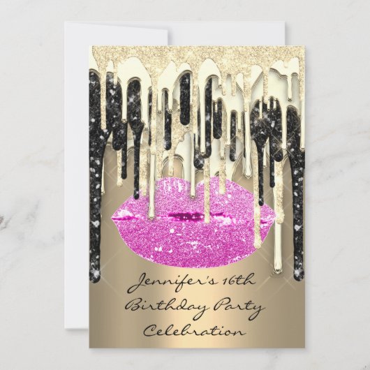 Invitation Fête 16th Lips Kiss noir rose Parties scintillant  (Devant)