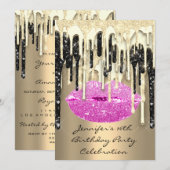 Invitation Fête 16th Lips Kiss noir rose Parties scintillant  (Devant / Derrière)