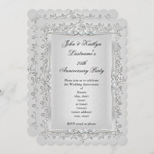 Invitation Fête 25e Anniversaire Rose Damask Silver White 2 (Devant / Derrière)