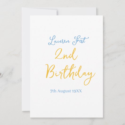 Invitation fête 2e anniversaire nom date jaune bleu boho enfa (Devant)