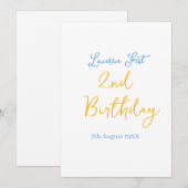 Invitation fête 2e anniversaire nom date jaune bleu boho enfa (Devant / Derrière)