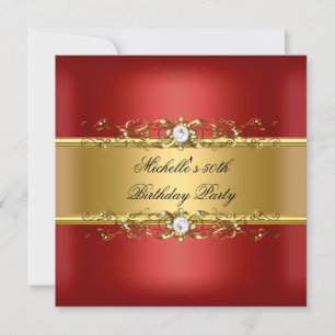 Invitation Fête 50 ans Anniversaire Rouge Or Diamant Bijou 50