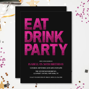 Invitation Fête 50e Anniversaire Black Pink Glitter Manger Bo