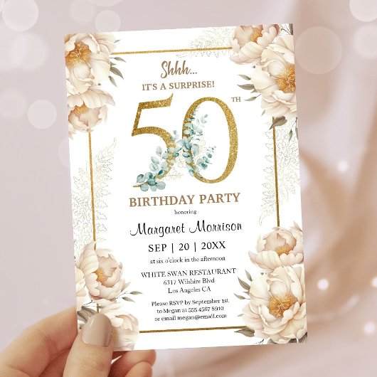 Invitation Fête 50e Anniversaire Elégant Peony Blanc Floral