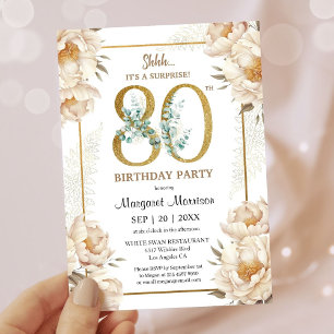 Invitation Fête 80e Anniversaire Elégant Peony Blanc Floral