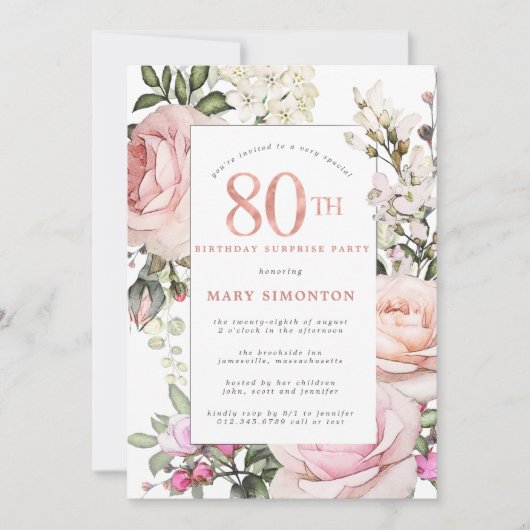 Invitation Fête 80e Anniversaire rose rose rose rose floral (Devant)