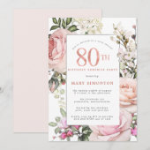 Invitation Fête 80e Anniversaire rose rose rose rose floral (Devant / Derrière)