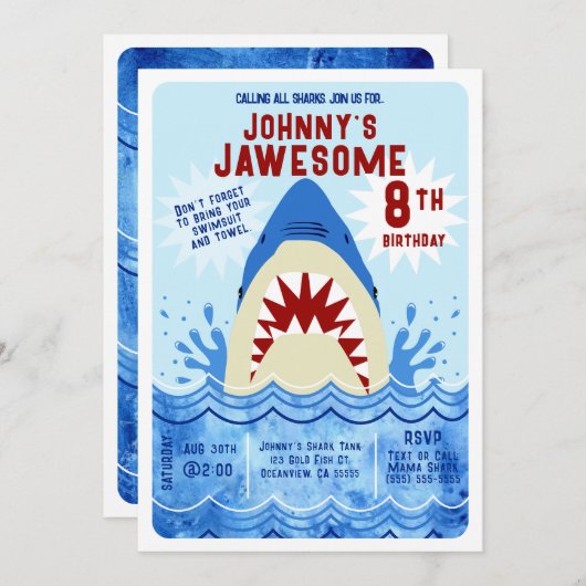 Invitation Fête à la piscine aux requins (Devant / Derrière)