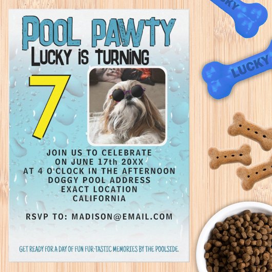 Invitation Fête à la piscine avec chien personnalisée avec ph