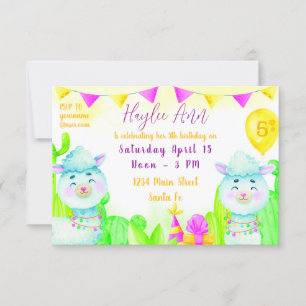 Invitation Fête à l'aquarelle Llamas 5ème anniversaire de l'e