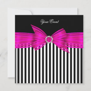 Invitation Fête à rayures rose chaud noir et blanc pour toute