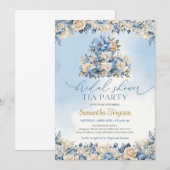 Invitation Fête à thé à la couleur chic bleu et ivoire (Devant / Derrière)