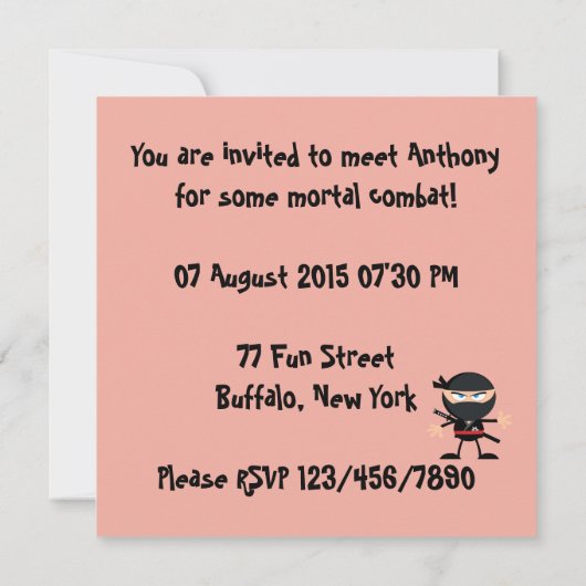 Invitation Fête à thème Enfants Ninja (Dos)