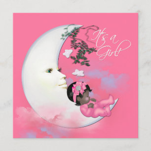 Invitation Fête adorable de bébé fille à la Lune Rose