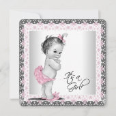 Invitation Fête adorable rose et grise pour bébé fille (Devant)