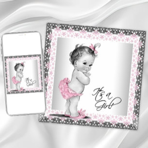 Invitation Fête adorable rose et grise pour bébé fille