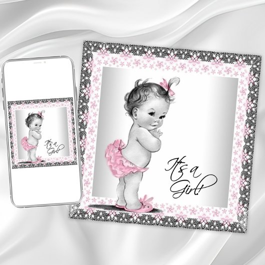 Invitation Fête adorable rose et grise pour bébé fille