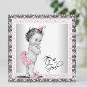 Invitation Fête adorable rose et grise pour bébé fille
