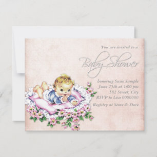 Invitation Fête adorable vintage rose et pêche pour bébé fill