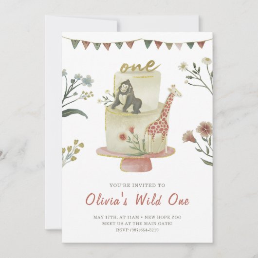 Invitation Fête Animaux Cake l Wild Un 1er anniversaire (Devant)