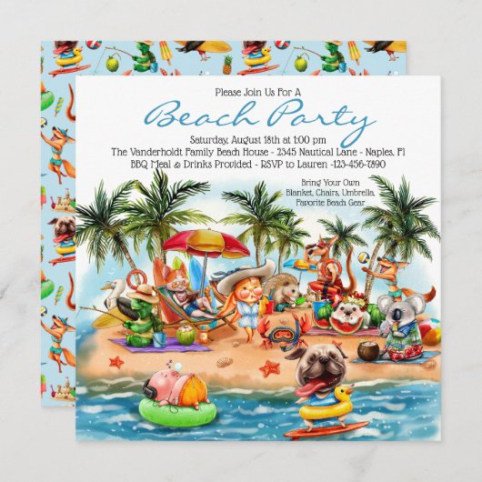 Invitation Fête Animaux de plage (Devant / Derrière)
