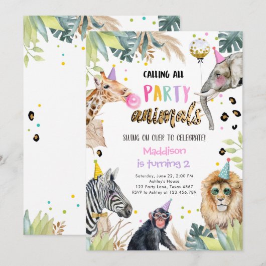 Invitation Fête Animaux Fille Safari Anniversaire Jungle Zoo (Devant / Derrière)