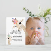 Invitation Fête Animaux Giraffe Photo 1er Anniversaire (Debout devant)