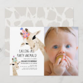 Invitation Fête Animaux Giraffe Photo 1er Anniversaire (Devant / Derrière)