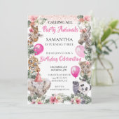 Invitation Fête Animaux Jungle Safari Fille rose Anniversaire (Debout devant)