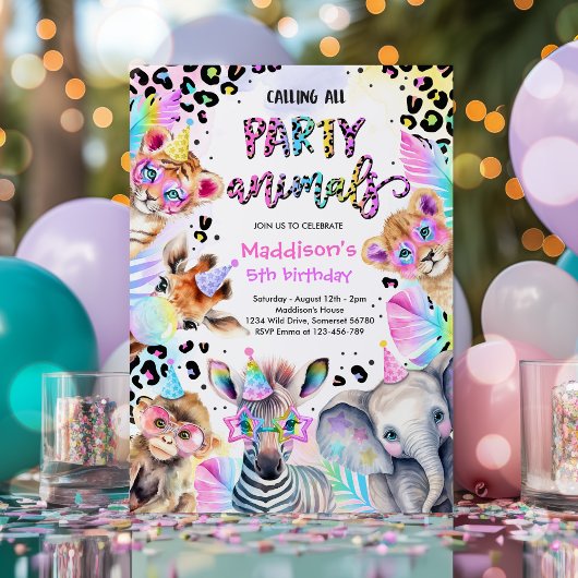 Invitation Fête Animaux Wild Safari Rose Fille Anniversaire