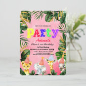 Invitation Fête Animaux Wild Safari Rose Fille Anniversaire (Debout devant)