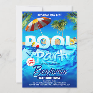 Invitation Fête Animée au Piscine Anniversaire Tropical Lumin