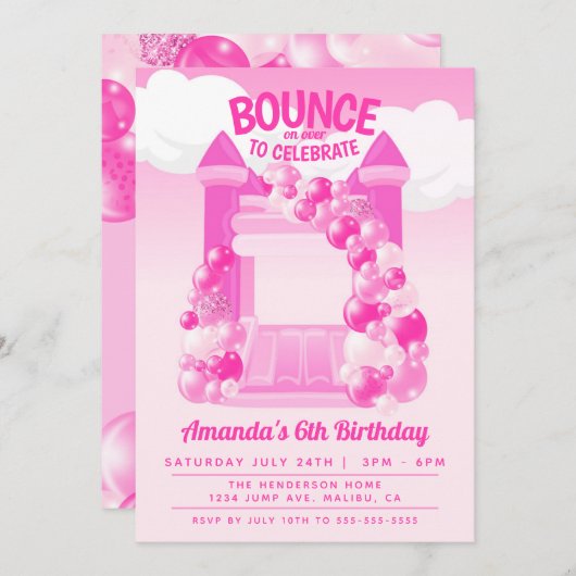 Invitation Fête anniversaire avec château gonflable rose (Devant / Derrière)