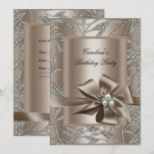 Invitation Fête Anniversaire Beige Argent Pearl Damask 2 (Devant / Derrière)