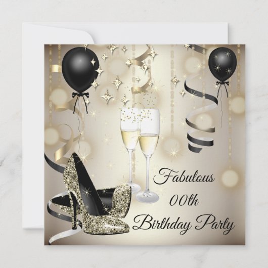 Invitation Fête Anniversaire beige or haute talons champagne (Devant)