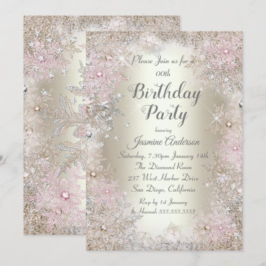 Invitation Fête Anniversaire Beige or Pink Winter Wonderland (Devant / Derrière)