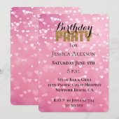 Invitation Fête Anniversaire coeurs rose blanc Paillettes dor (Devant / Derrière)