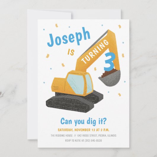 Invitation Fête Anniversaire de enfant bleu de la constructio (Devant)