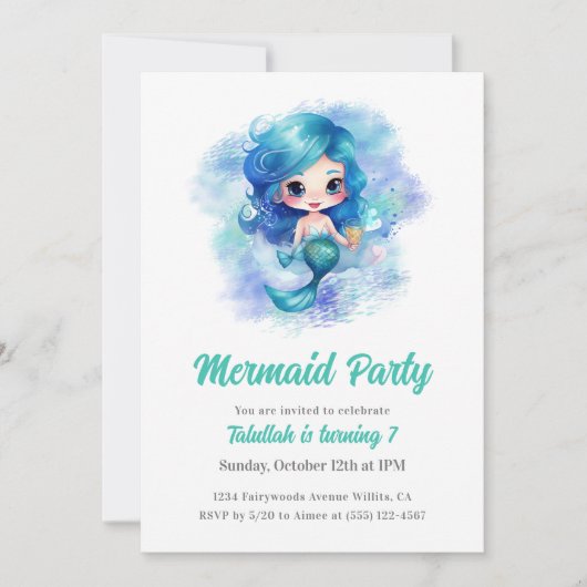 Invitation Fête Anniversaire de enfant de la sirène bleue (Devant)