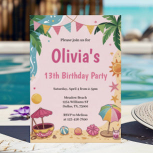 Invitation Fête Anniversaire de enfant de Pink Girls Beach Pa
