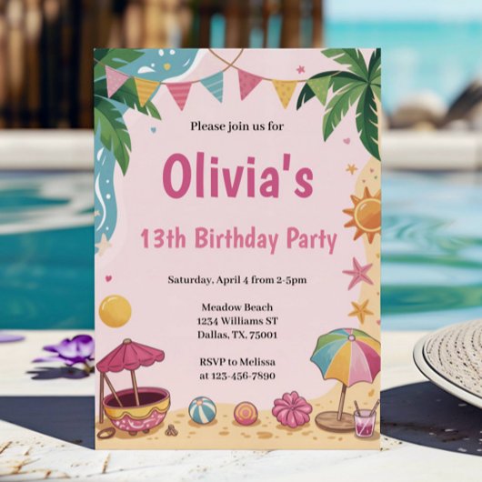Invitation Fête Anniversaire de enfant de Pink Girls Beach Pa