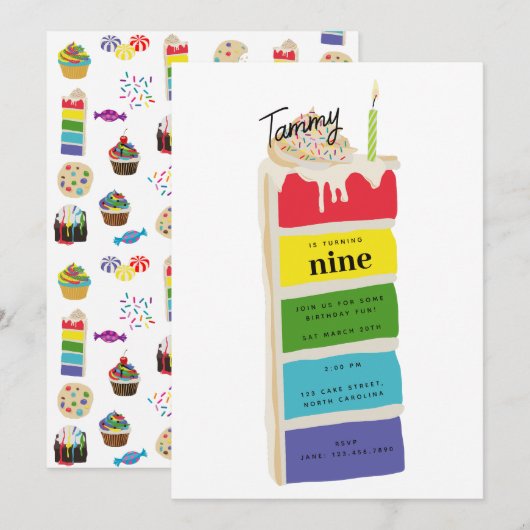 Invitation Fête Anniversaire de enfant du gâteau d'anniversai (Devant / Derrière)